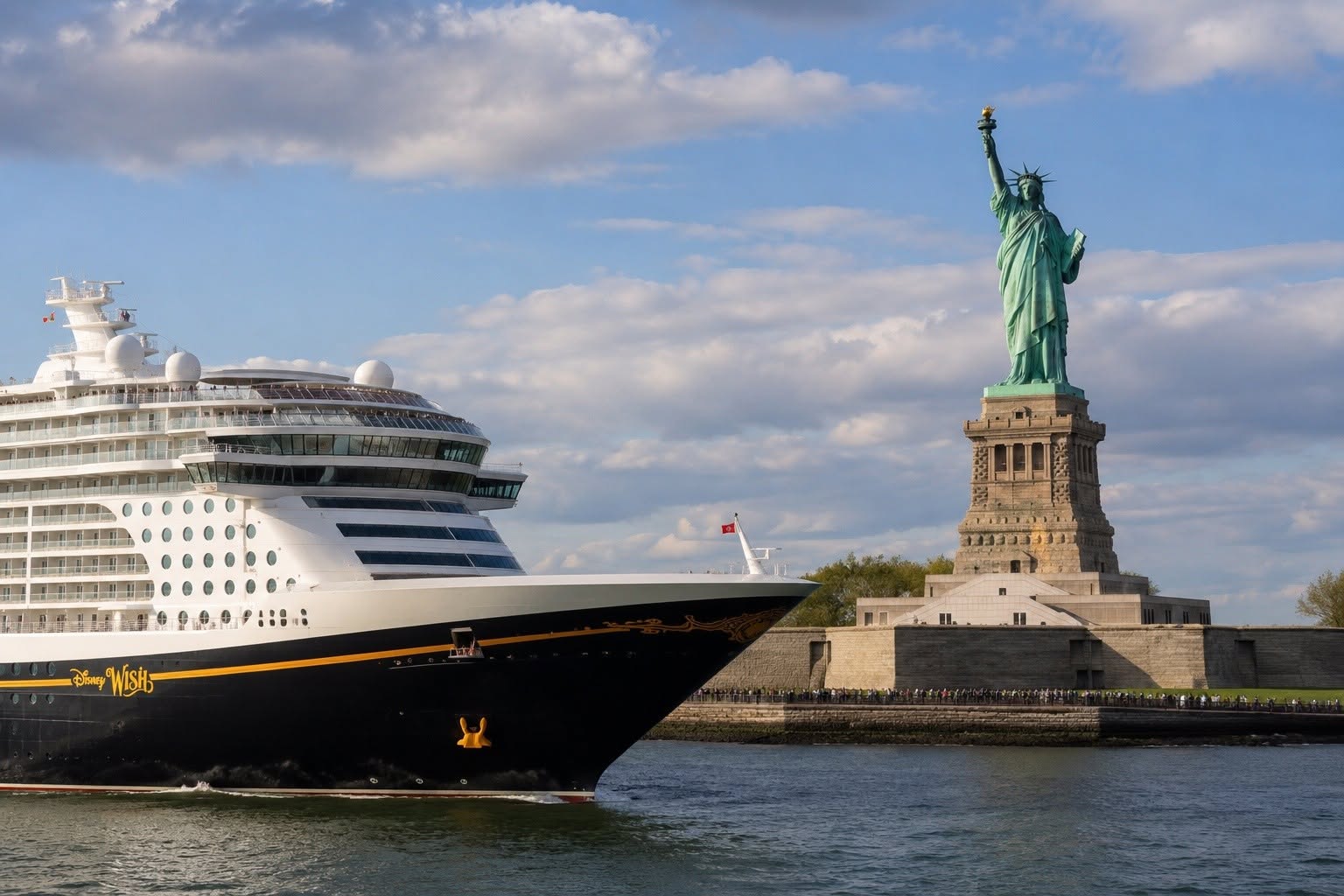A Disney Cruise Line ship sailing past the Statue of Liberty in New York harbor