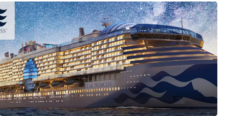 Princess Cruises' Star Princess sailing under a star-filled sky, with the ship's name visible along the hull